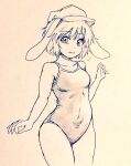  1girl alternate_costume animal_ears bare_legs blush breasts cabbie_hat commentary_request covered_navel cowboy_shot d-m_(dii_emu) embarrassed eyebrows_visible_through_hair eyelashes flat_cap floppy_ears greyscale hat looking_at_viewer monochrome moon_rabbit one-piece_swimsuit open_mouth rabbit_ears rabbit_girl ringo_(touhou) sketch small_breasts swimsuit touhou traditional_media 
