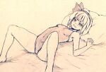  1girl alternate_costume bare_legs bare_shoulders barefoot bed blush bow breasts commentary_request covered_navel d-m_(dii_emu) embarrassed eyebrows_visible_through_hair eyelashes feet_out_of_frame greyscale hair_bow hairband konpaku_youmu looking_at_viewer lying monochrome nose_blush on_back on_bed one-piece_swimsuit open_mouth pillow short_hair sketch swimsuit touhou traditional_media 