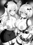  2girls ahoge bangs bat_hair_ornament bat_tattoo blush breasts breasts_out choker cross-laced_clothes demon_girl demon_horns detached_sleeves fang fingerless_gloves frills garter_straps gloves greyscale hair_ornament holding_hands hololive horns interlocked_fingers labcoat large_breasts long_hair looking_at_viewer mcp150_plus midriff monochrome multiple_girls navel nipples open_mouth pencil_skirt pointy_ears revealing_clothes short_hair short_shorts shorts skirt smile star_(symbol) star_choker strapless take_your_pick tattoo underbust undressing virtual_youtuber yozora_mel yuzuki_choco 