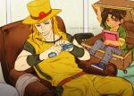  2boys black_hair blonde_hair blue_eyes boingo child cigarette couch cowboy_hat emperor_(stand) gun hat hol_horse jojo_no_kimyou_na_bouken long_hair male_focus multiple_boys red_eyes revolver stand_(jojo) stardust_crusaders suitcase tianel_ent visor_cap weapon 