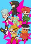  5boys beard black_hair blue_eyes brown_eyes chain chibi dog earrings facial_hair fedora flattop gakuran gloves green_eyes hat iggy_(jojo) jean_pierre_polnareff jewelry jojo_no_kimyou_na_bouken joseph_joestar joseph_joestar_(old) kakyoin_noriaki kujo_jotaro mohammed_avdol multiple_boys pose red_hair school_uniform stardust_crusaders tianel_ent 