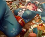  1girl breasts cake covered_nipples feet_out_of_frame food food_request fruit hat indoors knees_up long_sleeves looking_at_viewer lying mob_cap on_back parted_lips perspective pink_hair plate saigyouji_yuyuko short_hair solo strawberry touhou triangular_headpiece tzafra 