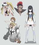  2boys 3girls absurdres bandaid bandaid_on_face bandaid_on_nose bangs black_hair blonde_hair blue_neckerchief boots breasts brown_hair clenched_teeth dark-skinned_male dark_skin dress epaulettes gamagoori_ira grey_background hakodate_omiko highres junketsu kill_la_kill kinagase_tsumugu kiryuuin_satsuki long_hair long_sleeves mankanshoku_mako mohawk multiple_boys multiple_girls neckerchief pointy_ears red_hair sailor_collar sailor_dress school_uniform serafuku sharp_teeth short_hair sidelocks simple_background sleeveless standing sweat teeth thigh_boots thighhighs tirarizun tongue tongue_out twintails very_long_hair visor_cap white_headwear 