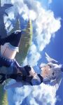  1girl blue_eyes breasts cloud cloudy_sky crown head_wings highres medium_breasts melia_antiqua mirin. open_mouth short_hair silver_hair sky smile solo wings xenoblade_chronicles xenoblade_chronicles_(series) 
