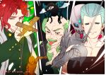  5boys beard beetle bug earrings facial_hair flattop gakuran gray_fly_(jojo) green_hair grey_hair hierophant_green jean_pierre_polnareff jewelry jojo_no_kimyou_na_bouken kakyoin_noriaki male_focus marionette multiple_boys old old_man puppet puppet_strings red_hair school_uniform silver_chariot stand_(jojo) stardust_crusaders string tianel_ent tower_of_grey_(stand) 