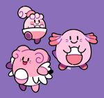  artsy-rc blissey chansey closed_mouth evolutionary_line happiny highres looking_at_viewer no_humans pokemon pokemon_(creature) purple_background simple_background smile 