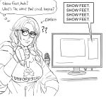  1girl absurdres bb_(baalbuddy) braid closed_mouth clothes_writing clueless_(meme) commentary english_commentary english_text glasses greyscale hair_over_shoulder highres hood hoodie julia_chang meme monitor monochrome print_hoodie simple_background smile solo tekken twin_braids white_background 