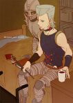  2boys amputee armor arrow_(jojo) blue_eyes book coffee_mug cup earrings eyepatch eyepatch_removed flattop grey_hair jean_pierre_polnareff jewelry jojo_no_kimyou_na_bouken male_focus mug multiple_boys on_bed prosthesis prosthetic_leg scar scar_across_eye silver_chariot sitting sitting_on_bed stand_(jojo) tianel_ent vento_aureo 