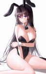  1girl absurdres animal_ears arm_under_breasts bangs bare_shoulders black_bow black_bowtie black_hair black_leotard blush bow bowtie breasts closed_mouth detached_collar eyebrows_visible_through_hair fake_animal_ears hair_between_eyes highres large_breasts leotard long_hair looking_at_viewer mole mole_on_breast mole_under_eye momimi original playboy_bunny purple_eyes rabbit_ears raised_eyebrows sitting solo straight_hair sweatdrop thighs wariza wide_hips wrist_cuffs 