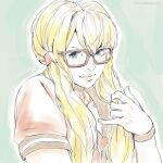  1girl bespectacled blonde_hair blue_eyes brown-framed_eyewear fingernails glasses hair_over_shoulder hand_in_own_hair lips long_hair looking_at_viewer low_twintails official_alternate_costume pinky_out rainbow_mika rejean_dubois school_uniform serafuku solo street_fighter street_fighter_v twintails upper_body 
