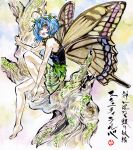  1girl antennae aqua_hair barefoot blush brown_eyes butterfly_wings character_name dress eternity_larva eyebrows_visible_through_hair fairy green_dress hair_between_eyes highres kabaji leaf leaf_on_head multicolored_clothes multicolored_dress open_mouth shikishi short_hair short_sleeves signature smile solo touhou traditional_media tree wings 