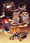  5boys animal_ears animal_hands bandages beard birthmark boston_terrier candy chibi chinese_clothes demon_horns demon_wings dio_brando facial_hair flattop food ghost_pose gloves grey_hair halloween halloween_costume hat horned_hat horns iggy_(jojo) jack-o&#039;-lantern jean_pierre_polnareff jiangshi jiangshi_costume joestar_birthmark jojo_no_kimyou_na_bouken joseph_joestar joseph_joestar_(old) kakyoin_noriaki kujo_jotaro lollipop mohammed_avdol multiple_boys mummy_costume not_present ofuda outstretched_arms paw_gloves pumpkin_hat qing_guanmao shaded_face sleeves_past_fingers sleeves_past_wrists stardust_crusaders tail talisman tianel_ent vampire_costume wings wolf_ears wolf_tail zombie_pose 