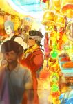  2boys bell black_hair blue_eyes blurry dark-skinned_male dark_skin depth_of_field earrings flattop grey_hair headband jean_pierre_polnareff jewelry jojo_no_kimyou_na_bouken male_focus market_stall mohammed_avdol multiple_boys necklace outdoors spices stardust_crusaders tianel_ent 