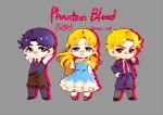  1girl 2boys blonde_hair blue_eyes blue_hair chibi dio_brando dress erina_pendleton formal jojo_no_kimyou_na_bouken jonathan_joestar kneehighs male_focus multiple_boys necktie phantom_blood picnic_basket red_eyes striped striped_legwear suit sweater_vest tianel_ent vertical-striped_legwear vertical_stripes 