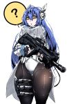  1girl ? assault_rifle black_legwear blue_hair breasts bullpup commentary_request cowboy_shot expressionless eyebrows_visible_through_hair fingerless_gloves girls&#039;_frontline gloves gun hair_between_eyes holding holding_gun holding_weapon imi_tavor_tar-21 jamie_leano large_breasts leotard long_hair long_sleeves orange_eyes pantyhose parted_lips perky_breasts rifle robot_ears solo standing tar-21_(girls&#039;_frontline) thought_bubble weapon white_background white_leotard 