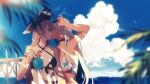  2girls amazuki_jou anchor_earrings azur_lane bare_shoulders beach bikini black_bikini black_choker blonde_hair blurry branch breasts choker closed_eyes collarbone commentary_request depth_of_field earrings eyewear_removed facing_viewer front-tie_bikini front-tie_top hat highres jean_bart_(azur_lane) jean_bart_(private_apres_midi)_(azur_lane) jewelry kiss large_breasts long_hair margarita massachusetts_(azur_lane) medium_breasts multicolored_bikini multicolored_clothes multiple_girls necklace outdoors palm_tree pink_eyes pirate_hat sunglasses swimsuit tree upper_body white_hair yuri 