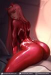  1girl arm_support ass bodysuit darling_in_the_franxx from_behind green_eyes grin gumroad_username half-closed_eyes highres leaning_forward long_hair looking_back luminyu patreon_username pilot_suit pink_hair red_bodysuit signature skin_tight smile solo twitter_username web_address zero_two_(darling_in_the_franxx) 