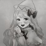  1girl :d blush bow capelet dress greyscale hat highres lily_white long_hair long_sleeves looking_at_viewer monochrome nagi_milk open_mouth smile solo touhou 