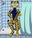  absurd_res anthro big_penis felid fur genitals glistening glistening_body glistening_skin glitter hi_res huge_penis hyper hyper_genitalia hyper_penis male mammal pantherine penis raevi10 shower shower_curtain showering solo tiger tiger_stripes yellow_body yellow_fur 