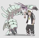  1boy bangs black_pants claws closed_eyes eyewear_on_head golisopod grey_background guzma_(pokemon) hand_in_pocket highres jewelry male_focus necklace pants pokemon pokemon_(creature) pokemon_(game) pokemon_sm shadow shirt shoes simple_background smirk sneakers standing sunglasses tirarizun undercut watch white_footwear white_hair white_shirt wristwatch yellow-framed_eyewear 