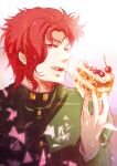  1boy cake cherry earrings food food_on_face fruit gakuran holding holding_cake holding_food jewelry jojo_no_kimyou_na_bouken kakyoin_noriaki male_focus pink_hair purple_eyes red_hair school_uniform smirk solo stardust_crusaders tianel_ent 