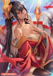  1girl azur_lane bare_shoulders black_hair breasts brown_hair cleavage eyebrows_visible_through_hair hair_between_eyes japanese_clothes kimono large_breasts long_hair magion02 open_mouth red_eyes red_kimono taihou_(azur_lane) 