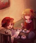  2girls :d aki_minoriko aki_shizuha apple black_ribbon blonde_hair blush bread cake chair commentary cup dress eyebrows_behind_hair food fork fruit grapes hair_ornament hat highres holding holding_fork indoors kanno_fumiroku leaf_hair_ornament long_sleeves looking_at_another looking_to_the_side menu multiple_girls neck_ribbon on_chair open_mouth parted_lips picture_(object) plate pointing red_dress red_eyes red_headwear red_shirt ribbon saucer shirt short_hair siblings sisters sitting smile spoon table tea teacup touhou white_shirt wooden_chair wooden_table yellow_eyes 