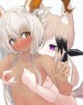  2girls absurdres animal_ear_fluff animal_ears ao_oni_(onioni-aoi) arknights bangs beeswax_(arknights) black_hair blonde_hair blush breast_grab breasts cardigan_(arknights) closed_mouth collarbone completely_nude dark-skinned_female dark_skin dog_ears dog_girl dog_tail frown goat_ears goat_girl goat_horns grabbing grabbing_from_behind hands_up highres horns long_hair looking_back low_twintails multicolored_hair multiple_girls nipple_tweak nipples nose_blush nude one_side_up purple_eyes silver_hair simple_background small_breasts smile streaked_hair tail twintails two-tone_hair upper_body white_background yuri 