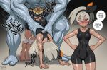  1boy 1girl all_fours bea_(pokemon) blush bodysuit championship_belt clothed_sex commentary covered_nipples dark-skinned_female dark_skin doggystyle english_commentary english_text extra_arms fellatrix grey_eyes grey_hair hands_on_hips hetero highres interspecies knee_pads machamp muscular muscular_female out_of_frame pokemon pokemon_(creature) pokemon_(game) pokemon_swsh pokephilia sex short_hair speech_bubble sweat toned trembling 