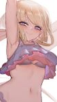  1girl arms_behind_head arms_up at2. blonde_hair blush breasts character_request closed_mouth copyright_request earrings eyebrows_visible_through_hair highres jewelry long_hair looking_at_viewer navel ponytail purple_eyes small_breasts smile solo very_long_hair 
