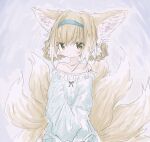  1girl animal_ear_fluff animal_ears arknights bare_shoulders blonde_hair blue_hairband braid closed_mouth collarbone eyebrows_visible_through_hair fox_ears fox_girl fox_tail frills green_eyes grey_ribbon hairband highres kitsune kyuubi long_hair multicolored_hair multiple_tails off_shoulder reitoubeef ribbon sketch sleeves_past_fingers sleeves_past_wrists solo suzuran_(arknights) tail white_hair 