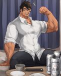  1boy bed beer_can bellsaltr biceps black_hair blush building can closed_eyes collared_shirt cup curtains fang flexing glasses highres large_pectorals male_focus muscular muscular_male on_bed original pants pectoral_cleavage pectorals plate pose shirt sitting sitting_on_bed smirk solo spiked_hair table tan thick_arms thick_thighs thighs tight 
