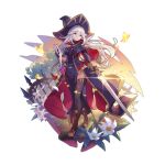  1girl boots breasts cape dragalia_lost dress fence floating_cape flower glint grace_(dragalia_lost) grave hair_between_eyes hat holding holding_sword holding_weapon large_breasts long_hair mask mask_removed official_art petals side_slit silver_hair sunset sword thighhighs tree vial weapon witch_hat yellow_eyes 