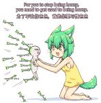  1girl 1other :3 :d absurdres animal_ear_fluff animal_ears arrow_(projectile) artist_self-insert bangs bare_shoulders barefoot breasts cat_ears cat_girl cat_tail chinese_commentary chinese_text commentary english_commentary english_text eyebrows_visible_through_hair eyelashes green_hair greenteaneko greenteaneko-chan hair_between_eyes highres holding_person kneeling light_blush looking_at_another medium_hair mixed-language_commentary motion_lines open_mouth original shirt sideboob sidelocks smile tail v-shaped_eyebrows whiskers white_background yellow_eyes yellow_shirt 