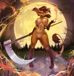  anthro beckoning big_breasts breasts brown_body brown_fur claws cobblestone detailed_background evergreen_tree female fur genitals gesture hi_res jakkai magic melee_weapon moon night nude onedayt pine_tree plant polearm pussy rhea_snaketail scythe slightly_damned solo star tongue tongue_out tree weapon webcomic yellow_body yellow_eyes yellow_fur 