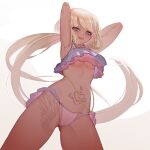 1girl arms_behind_head arms_up at2. blonde_hair blush breasts character_request copyright_request earrings eyebrows_visible_through_hair highres jewelry long_hair looking_at_viewer navel open_mouth ponytail purple_eyes small_breasts smile solo tan tattoo teeth upper_teeth very_long_hair 