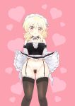  1girl absurdres bare_shoulders blonde_hair blush brown_eyes clothes_lift commission commissioner_upload elbow_gloves female_pubic_hair gloves hidamari_sketch highres lifted_by_self long_hair looking_at_viewer maid maid_headdress miyako_(hidamari_sketch) no_panties pink_background pubic_hair pussy skirt skirt_lift smile solo thighhighs 