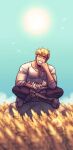  1boy animal bangs bara black_pants blonde_hair boots cat closed_eyes day elbow_rest granblue_fantasy hand_on_own_cheek hand_on_own_face head_rest highres indian_style large_pectorals male_focus muscular muscular_male oneirio outdoors pants pectoral_cleavage pectorals shirt short_hair sitting sky smile solo sun teeth twitter_username vane_(granblue_fantasy) white_cat white_shirt 