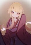  1girl at2. blonde_hair blush character_request copyright_request eyebrows_visible_through_hair highres japanese_clothes kimono long_hair looking_at_viewer low_twintails parted_lips purple_eyes smile solo twintails 