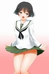  arms black_hair blue_eyes breasts clothes_lift crotch female_pubic_hair girls_und_panzer highres miniskirt nana_(manaita_koumuten) no_panties pubic_hair school_uniform serafuku short_hair skirt skirt_lift small_breasts smile thighs utsugi_yuuki 