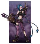  1girl arcane:_league_of_legends arm_tattoo bandaid bandaid_on_leg bare_shoulders belt black_choker black_footwear black_gloves blue_hair blue_nails building choker closed_mouth collarbone covered_collarbone dual_wielding dust dust_cloud elbow_gloves fingerless_gloves fingernails fishnet_legwear fishnets gloves glowing glowing_eyes gun henlp highres holding holding_gun holding_weapon jinx_(league_of_legends) league_of_legends long_fingernails long_hair navel purple_eyes purple_legwear signature single_elbow_glove single_thighhigh smile solo standing stomach_tattoo tattoo thighhighs torn torn_clothes twintails very_long_hair weapon weapon_on_back 