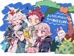  :d ahoge bangs black_jacket black_shirt blue_background bow closed_mouth danganronpa_(series) danganronpa_2:_goodbye_despair dress_shirt ear_bow galaga green_jacket green_necktie grey_hair hair_between_eyes hair_ornament handheld_game_console hands_up highres hinata_hajime holding holding_handheld_game_console hood hood_down hooded_jacket jacket komaeda_nagito long_sleeves nanami_chiaki neck_ribbon necktie open_clothes open_jacket osshouri55 palm_tree pink_bow playing_games playstation_portable print_shirt ribbon shirt smile starfish translation_request tree upper_body usami_(danganronpa) white_shirt 