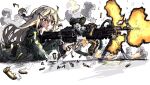  1girl closed_mouth colorized commentary_request firing girls&#039;_frontline gun h&amp;k_mg4 hair_between_eyes hair_ornament hairclip holding holding_gun holding_weapon jacket jamie_leano long_hair looking_ahead machine_gun mg4_(girls&#039;_frontline) serious solo weapon 