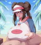  1boy 1girl :o alternate_breast_size artist_name bar_censor beach beach_umbrella blue_eyes blue_sky blush breasts brown_hair censored cloud day double_bun eyebrows_visible_through_hat hetero highres huge_breasts large_penis long_hair looking_at_penis looking_down open_mouth outdoors paizuri paizuri_on_lap paizuri_under_clothes palm_tree penis poke_ball_print pokemon pokemon_(game) pokemon_bw2 print_shirt raglan_sleeves rosa_(pokemon) see-through shirt sky soveno tree twintails umbrella visor_cap 