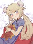  1girl at2. blonde_hair blue_dress blush bracelet bun_cover character_request china_dress chinese_clothes closed_mouth copyright_request dress eyebrows_visible_through_hair highres jewelry long_hair looking_at_viewer low_twintails short_sleeves sitting smile solo twintails 