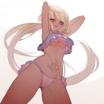  1girl arms_behind_head arms_up at2. blonde_hair blush breasts character_request copyright_request earrings eyebrows_visible_through_hair highres jewelry long_hair looking_at_viewer navel open_mouth ponytail purple_eyes small_breasts smile solo tan tattoo teeth upper_teeth very_long_hair 
