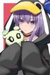  1girl animal_hood blue_eyes choker fate/grand_order fate_(series) highres hood hooded_coat ichi_kq long_hair meltryllis_(fate) meltryllis_(swimsuit_lancer)_(fate) penguin_hood purple_hair signature sleeves_past_fingers sleeves_past_wrists 