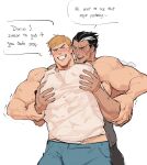  2boys abs artist_name bara battle_academia_(league_of_legends) battle_academy_garen behind_another biceps black_hair blonde_hair blue_eyes blush darius_(league_of_legends) garen_(league_of_legends) grabbing hand_on_another&#039;s_arm highres hug large_pectorals league_of_legends male_focus meme multiple_boys muscular muscular_male pants pectoral_grab pectoral_squeeze pectorals punbun_4fun scar scar_on_face smile speech_bubble tank_top thick_arms tight upper_body veins white_background yaoi 
