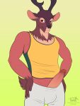  anthro antlers bottomwear cervid clothing digital_media_(artwork) erection fur genitals hi_res horn looking_at_viewer male mammal penis shorts simple_background solo timidwithapen topwear vest 