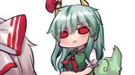  2girls bow ex-keine eyebrows_visible_through_hair fujiwara_no_mokou green_hair hair_bow highres horn_ornament horn_ribbon horns kamishirasawa_keine long_hair looking_at_another multicolored_hair multiple_girls red_eyes red_ribbon ribbon short_sleeves simple_background tail touhou two-tone_hair unime_seaflower v-shaped_eyebrows white_background white_hair 